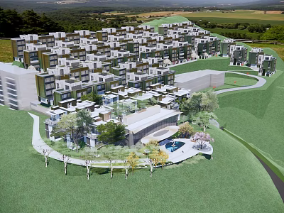Well Planned Townhouses Community With Expansive Green Areas And Scenic Natural Views 3d model