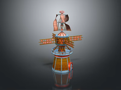 Ornate Windmill Structure With Wooden Rotating Blades Red Tower And Decorative Top 3d model