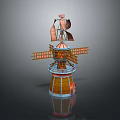 Ornate Windmill Structure With Wooden Rotating Blades Red Tower And Decorative Top