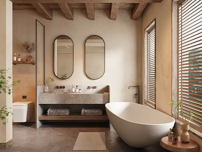 Hotel Bathroom Interior With Double Oval Mirrors Double Vanity Freestanding Bathtub And Wooden Beam Ceiling 3d model