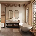 Hotel Bathroom Interior With Double Oval Mirrors Double Vanity Freestanding Bathtub And Wooden Beam Ceiling