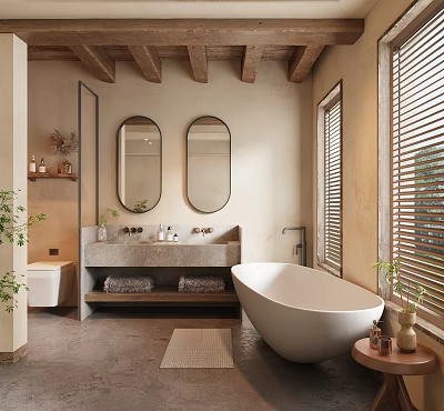 Hotel Bathroom Interior With Double Oval Mirrors Double Vanity Freestanding Bathtub And Wooden Beam Ceiling 3d model