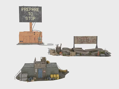 Industrial Equipment in Industrial Site with Prepare to Stop Sign Caution Sign and Orange Building 3d model