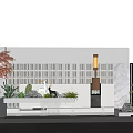 White Feature Wall With Grid Design Wall Lamp Water Feature And Green Plants In Courtyard