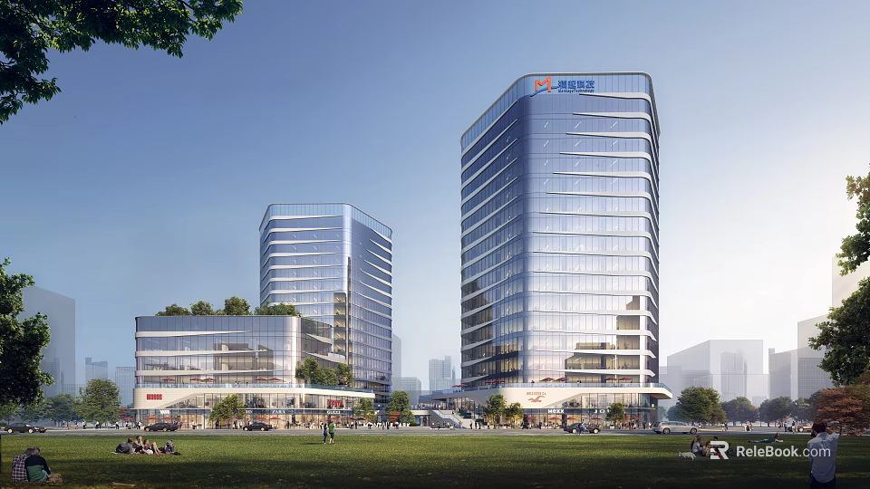 Twin Modern Office Buildings With Glass Curtain Wall Commercial Podium And Green Plaza 3d model 