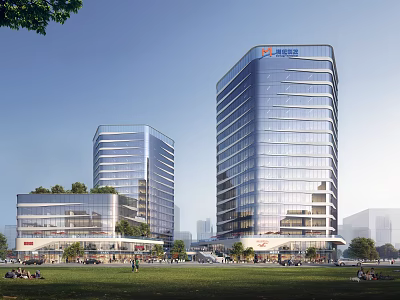 Twin Modern Office Buildings With Glass Curtain Wall Commercial Podium And Green Plaza 3d model