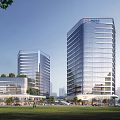 Twin Modern Office Buildings With Glass Curtain Wall Commercial Podium And Green Plaza
