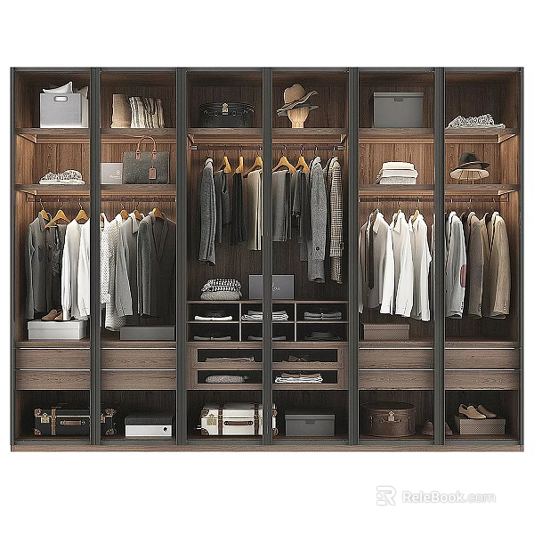 Organized Modern Wardrobe Interior With Hanging Clothes Folded Items Hats And Storage Drawers 3d model 