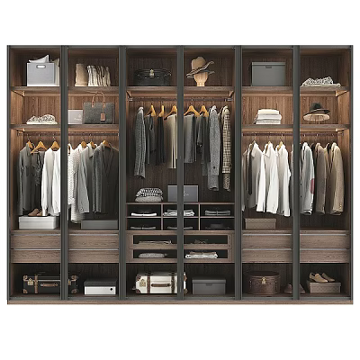 Organized Modern Wardrobe Interior With Hanging Clothes Folded Items Hats And Storage Drawers 3d model