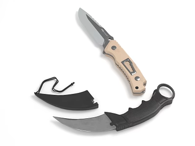 Tactical Folding And Curved Blade Knives With Tan Black Handles And Sheath 3d model
