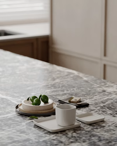 Minimalist Decorative Ornament Set With Fresh Limes On Marble Countertop And Ceramic Cup Tray 3d model