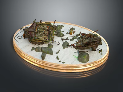 Scene Components With Circular White Base Golden Rim Two Small Structures And Green Leaves 3d model