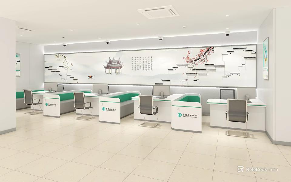 Bright Service Hall Interior With Green Countertops Traditional Chinese Painting And Clean Layout 3d model 