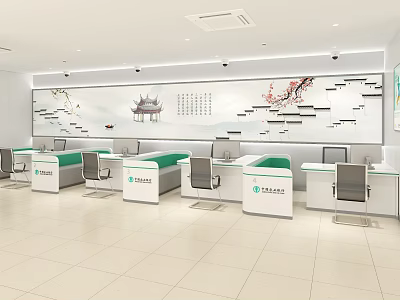 Bright Service Hall Interior With Green Countertops Traditional Chinese Painting And Clean Layout 3d model