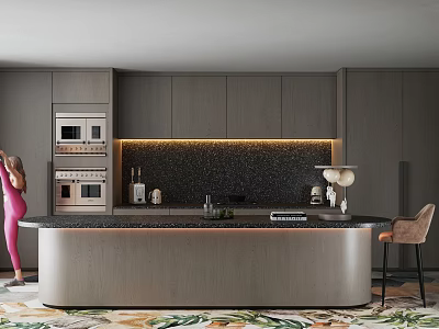 Modern Restaurant Kitchen Interior With Dark Cabinets Curved Island And Decor 3d model