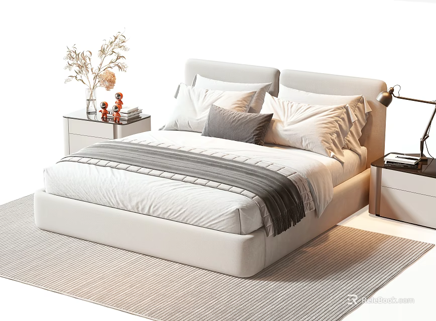 Modern Double Bed Interior With Bedding Pillows Nightstands Vase And Table Lamp 3d model 