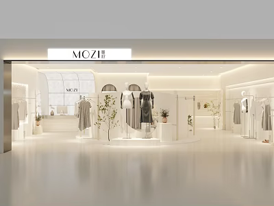 Modern Minimalist Clothing Store Interior With Hanging Clothes Green Plants And Bright Lighting 3d model