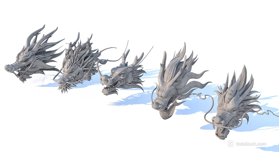 Carved Dragon Head Decorative Ornament Set For Traditional Home Decor 3d model 
