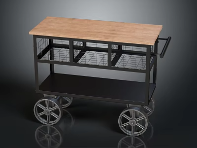 Industrial Style Mobile Cart With Wooden Top Metal Wire Shelves And Wheels 3d model