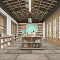 Traditional Chinese Style Bookstore Interior With Bookshelves And Lattice Doors