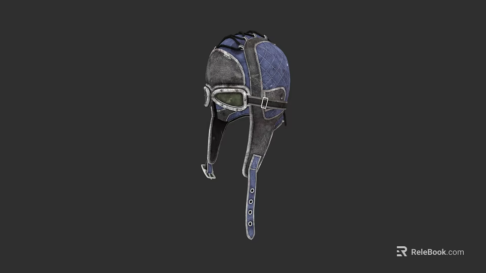 Vintage Blue And Gray Pilot Helmet With Goggles And Leather Strap Details 3d model 