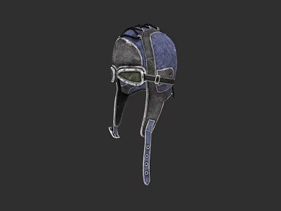 Vintage Blue And Gray Pilot Helmet With Goggles And Leather Strap Details 3d model