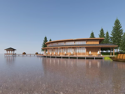 Wooden Boutique Hotel Building Waterfront with Pines Large Glass Windows Terrace and Scenic Water Reflection 3d model