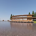 Wooden Boutique Hotel Building Waterfront with Pines Large Glass Windows Terrace and Scenic Water Reflection