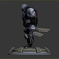Armored Sci Fi Character With Green Eyes Standing On Circular Pedestal In Black Armor