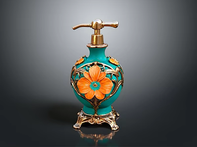 Turquoise Decorative Dispenser With Gold Accents And Orange Flower Design 3d model