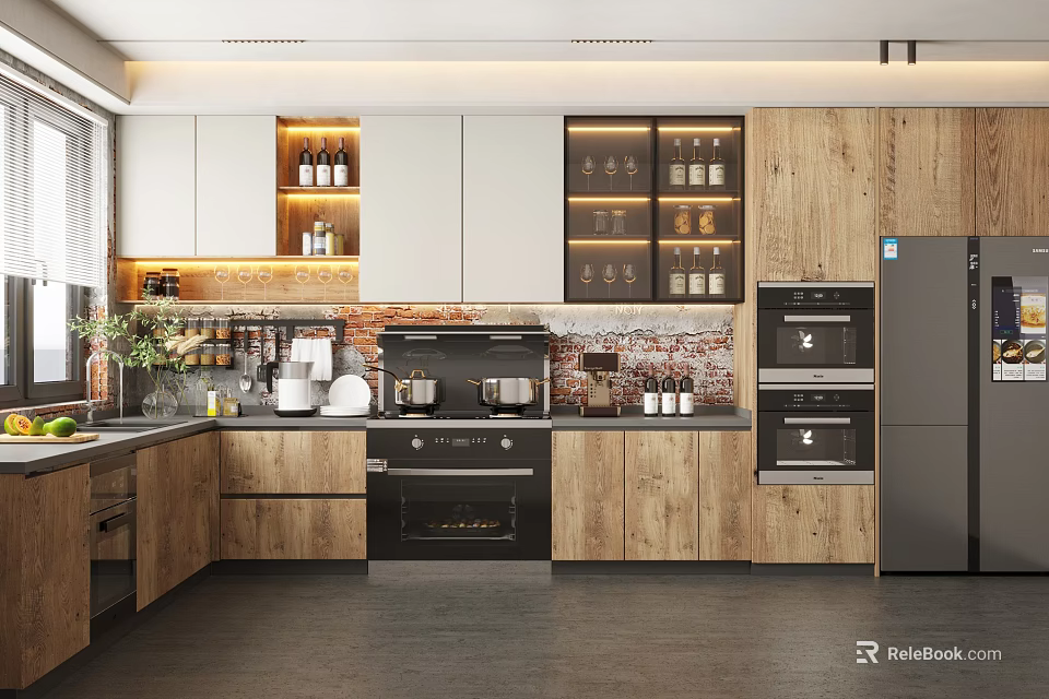 Modern Kitchen Interior With Wooden Cabinets Appliances Tile Backsplash And Recessed Lighting 3d model 