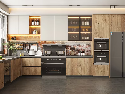 Modern Kitchen Interior With Wooden Cabinets Appliances Tile Backsplash And Recessed Lighting 3d model