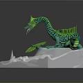 Green Striped Dragon Standing On Transparent Ice Crystal Base With Open Mouth