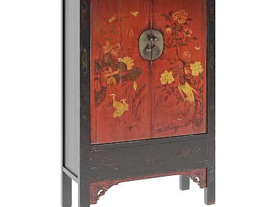 Traditional Oriental Cabinet With Red Lacquer Surface Gold Floral Patterns Black Frame And Decorative Base 3d model
