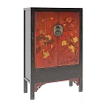 Traditional Oriental Cabinet With Red Lacquer Surface Gold Floral Patterns Black Frame And Decorative Base