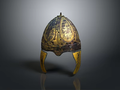 Ancient Golden Ornate Metal Helmet With Intricate Patterns And Ear Flaps As Protective Weapon 3d model