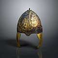 Ancient Golden Ornate Metal Helmet With Intricate Patterns And Ear Flaps As Protective Weapon
