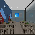 School Classroom Interior With Light Blue Walls Desks Chairs Projection Screen And Wall Decorations