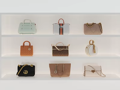Various Stylish Handbags In Different Styles And Colors Displayed On White Shelves 3d model