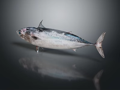 Fresh Whole Tuna With Silver Blue Body On Glossy Surface And Reflection 3d model
