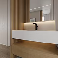 Modern Bathroom Interior With Glass Shower Enclosure White Toilet Wooden Vanity And Lighting