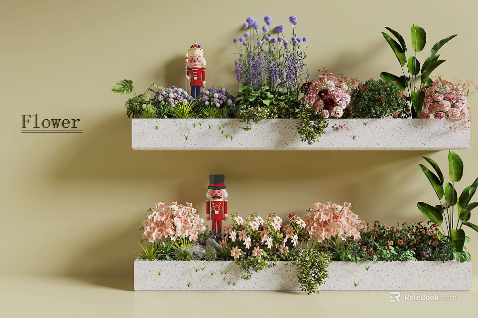 Vibrant Flowers and Green Plants on Tiered White Shelves with Purple Lavender and Pink Blooms 3d model 