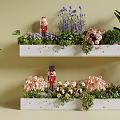 Vibrant Flowers and Green Plants on Tiered White Shelves with Purple Lavender and Pink Blooms