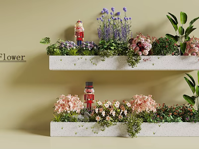 Vibrant Flowers and Green Plants on Tiered White Shelves with Purple Lavender and Pink Blooms 3d model