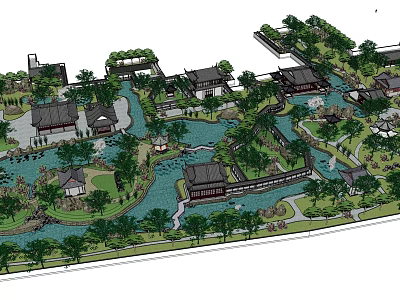 Chinese Garden Landscape Design With Traditional Buildings Water Streams Paths And Trees 3d model
