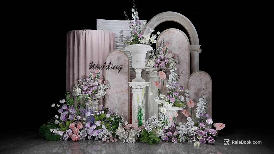 Elegant Wedding Decoration With Floral Arrangements Arch Pillars And Purple Pink Flowers 3d model 