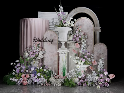 Elegant Wedding Decoration With Floral Arrangements Arch Pillars And Purple Pink Flowers 3d model