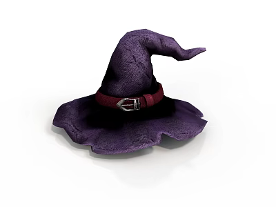 Purple Witch Hat with Red Belt and Silver Buckle Pointed Top Fabric Material 3d model
