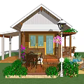 Wooden Cottage Exterior Featuring Sloped Roof Veranda Steps Railing Green Plants And Flowers