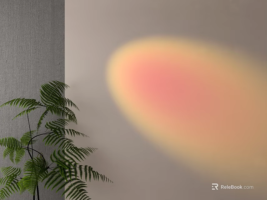 Decorative Light with Pink and Yellow Halo Against Grey Wall and Fern Plant 3d model 
